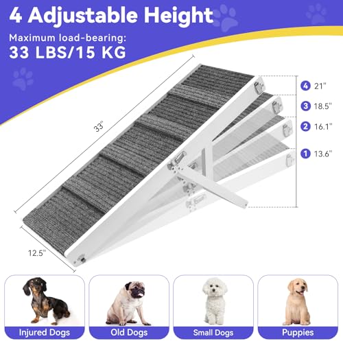 2026 Upgraded Dog Ramp for Couch, Foldable Small Dog Ramp for Sofa, 4 Adjustable Height from 13'' to 21", Portable Stable Pet Step with Non-Slip Pad, Pet Ramps Use for Couch Stairs, White