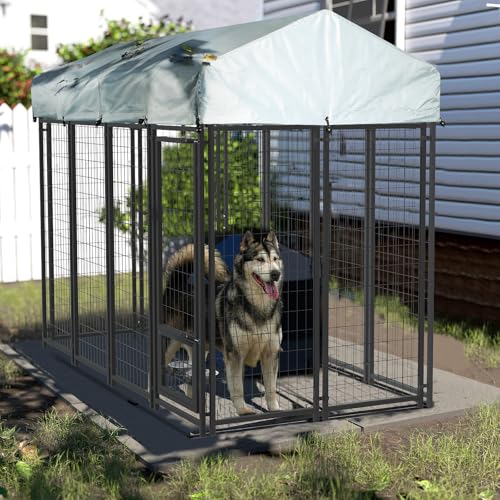 LEMBERI Heavy Duty Large Outdoor Dog Kennel 8x4x6 FT, Escape-Proof Dog Run with Double-Latch Gate, Heat Dissipation Sunshade Cover & 2 Stainless Steel Bowls, Galvanized Steel Dog Cage Enclosure