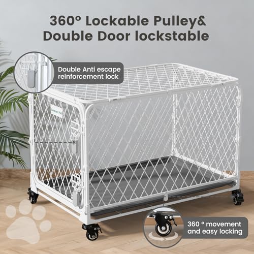 36 Inch Collapsible Dog Crate with Diamond Mesh, No-Tool Assembly Foldable Dog Kennel with 4 Lockable Wheels,Removable Tray,Portable Dog Cage for Medium/Large Dogs, Space-Saving, Indoor Outdoor Use