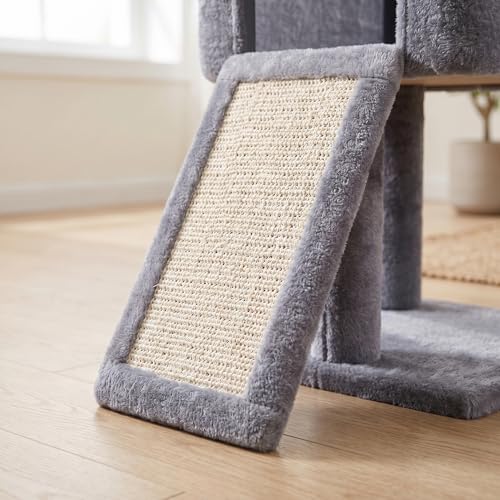 Roypet 32" Cat Tree for Indoor Cats, 2-in-1 Cat House with Sisal Scratching Post & Ramp, 2-Level Cat Tower with Rotatable Feather & Ball Toys, Stable Grey Cat Condo for Small/Medium Cats, Grey
