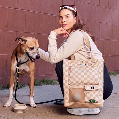 Cleverpup Park Pack 2-Piece Set Dog Gear Tote – Dog Travel Bag with 8 Pockets, Treat Pouch, Poop Bag Dispenser, Quick-Dry Ball Pocket, Collapsible Bowl, Perfect for Walks & Park Trips, Checkerboard