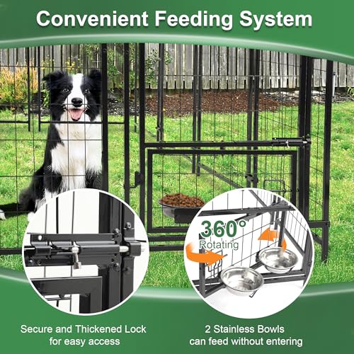 GIODIR 8x4x6 FT Outdoor Dog Kennels for Large Dogs, Heavy Duty Welded Wire Steel Outside Dog Kennel with Roof, Dog Pens with 2 Rotating Dog Bowls, Dog Playpen Fence with Secure Lock for Backyard