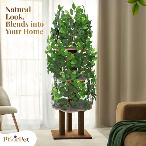 Cat Tree with Leaves – Stable & Space-Saving Design – 4 Scratch Levels & 5 Scratching Posts – for Climbing, Hiding and Sleeping – Easy to Assemble – Durable Cat Trees for Indoor Cats – Natural Look