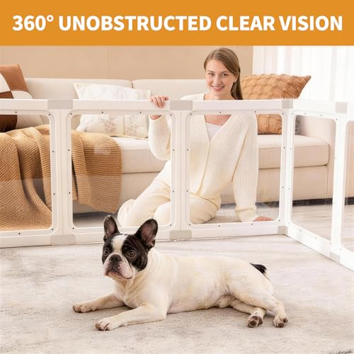 Zendova Acrylic Dog Playpen Indoor for Small Dogs & Puppies, Clear Transparent Pet Playpen with Modern No-Bar Design, 23.6" Easy Assemble Puppy Play Pen, Escape-Proof & Sturdy (8 Panels, White)