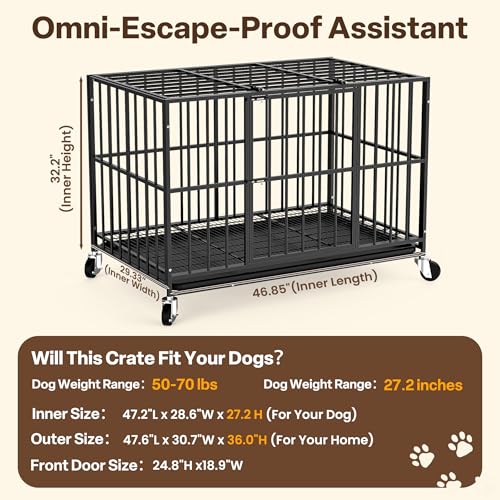 Docagt 48 Inch Heavy Duty Dog Crate Steel Escape Proof, Indoor Double Door High Anxiety Cage, Removable Tray, Large Dog Kennel with Wheels, XL XXL