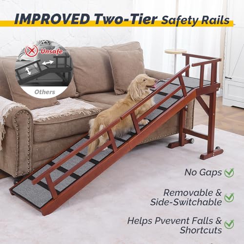 KUVETO Dog Ramp for Bed or Couch, Wooden Pet Ramp with 20° Gentle Slope, Removable Side Rails, Non-Slip Surface, Top Platform & Wheels, Safe Bed Ramp for Small, Large & Senior Dogs, 74" Long, Mahogany