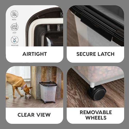 IRIS USA Airtight Dog Food Storage Container, WeatherPro, Up to 25 lbs, Removable Wheels, for Dog Cat Bird and Other Pet Food Storage Bin, Keep Fresh, Translucent Body, Made in USA, Clear/Black