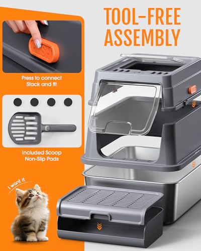 Powools Cat Litter Box - Stainless Steel Litter Box with Lid for Kitty, Metal Base Enclosed Cat Box with Litter Scoop, Elevated Step Box, Activated-Carbon Pack, 17.1" x 13.2" x 15", Grey