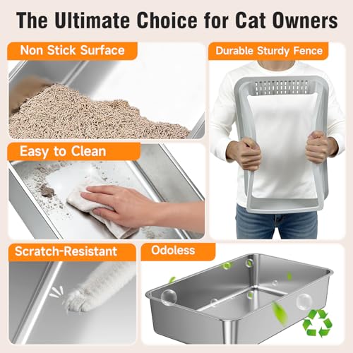 2PACK Stainless Steel Cat Litter Boxes, XL Large Metal Litter Box with High Sides Lid, Odor Free Litter Pan Include Scoop Easy Cleaning Anti-Scratch Kitty Cat Box Anti-Urine Leakage, Non-Sticky