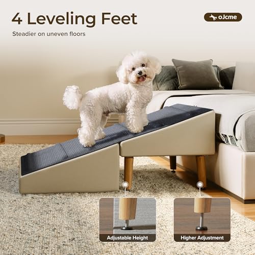 OJCME 2 in 1 Ottoman Dog Ramp with 6 Fabric-Covered Anti-Slip Grip Rails, Paw-Friendly Full Fabric Surface, 15.7 in Wide Stable Folding Pet Ramp Stool for Couch Bed, 4 Leveling Feet, 150 lb Capacity