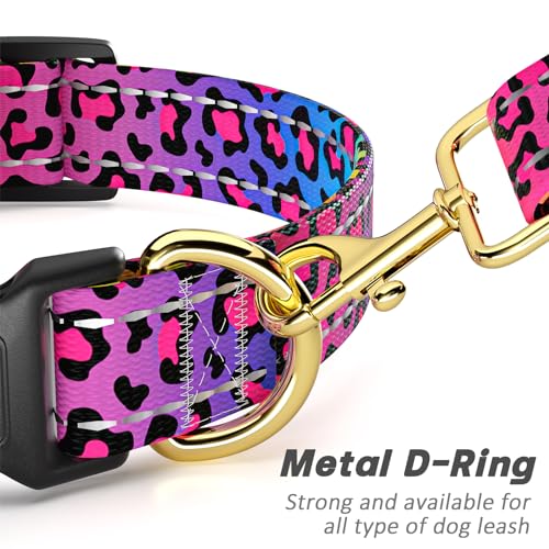 TMOODEL Reflective Dog Collar for Medium Dogs, Cute Leopard Style Adjustable Heavy-Duty Nylon Puppy Collar for Boy and Girl Female, Soft Pet Accessories with Quick Release Buckle, Neon