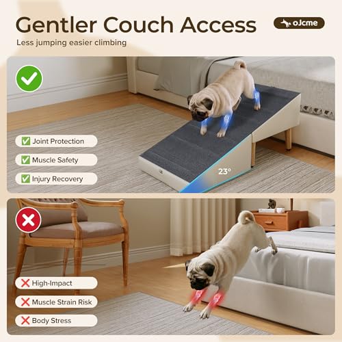 OJCME 2 in 1 Ottoman Dog Ramp with 6 Fabric-Covered Anti-Slip Grip Rails, Paw-Friendly Full Fabric Surface, 15.7 in Wide Stable Folding Pet Ramp Stool for Couch Bed, 4 Leveling Feet, 150 lb Capacity