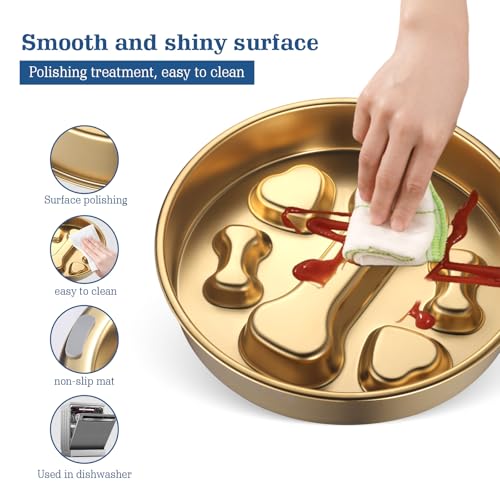 Golden Stainless Steel Slow Feeder Dog Bowls – Non-Slip Metal Dog Bowl for Large & Medium Breeds, Puppy Puzzle Feeder – 2 Cup Capacity for Small to Big Pets – Durable Slow Feed Dog & Cat Food Dish