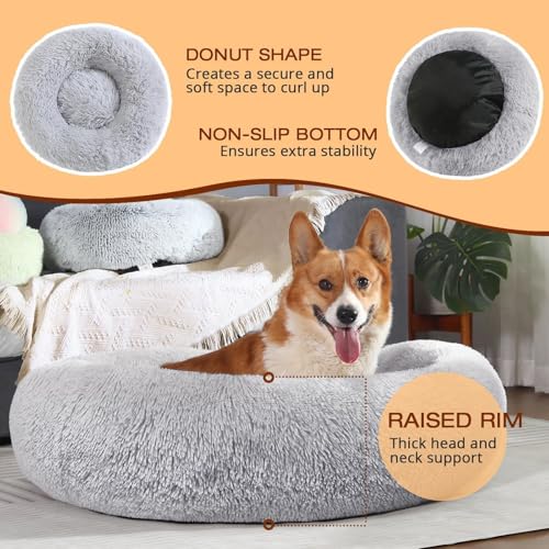 JOLLYVOGUE Small Dog Bed, Calming Soft Anti-Anxiety Donut Cat Bed, Washable Round Fluffy Cushion for Small and Medium Pets (20")