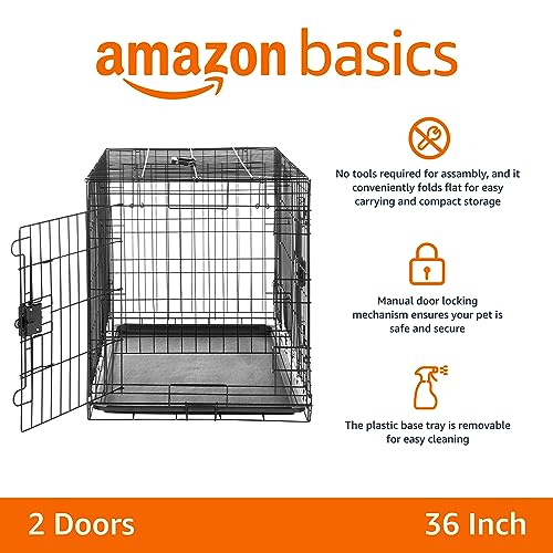 Amazon Basics Portable, Easy to Assemble, Foldable Metal Wire Dog Crate with Removable Tray, Double Door, Divider Panel, Handle, 36" x 23" x 25", Black
