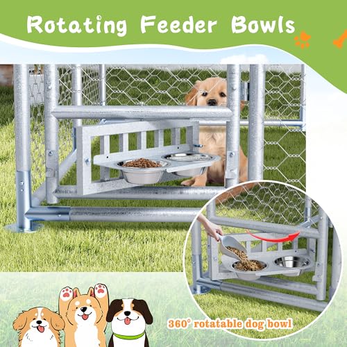 Grepatio 7.5x7.5 FT Outdoor Dog Kennel with Roof, Outside Dog Enclosure with 2 Rotating Feeder Bowls, Dog Kennel Dog Playpen Fence for Large Dogs with Secure Lock (7.5x7.5 FT)