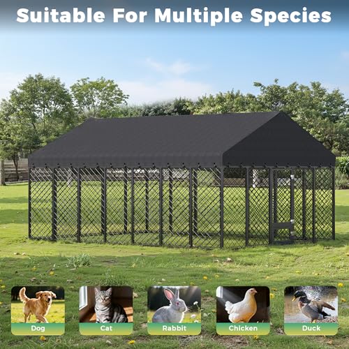 10x10x6.4 FT Large Outdoor Dog Kennel with Roof, Heavy Duty Anti-Rust Metal Dog Enclosure Fence for All Weather Resistant, Secure Double Locks for Large Dogs Outsides