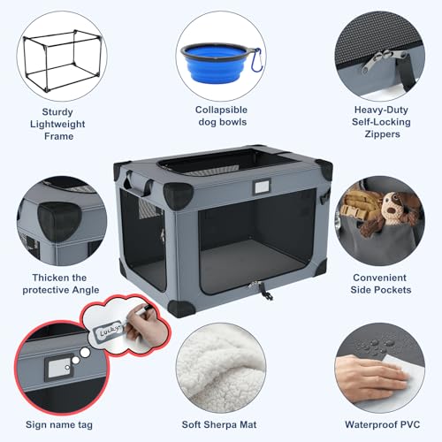 QUIBBLICK 30 Inch Soft Dog Crates, Collapsible Dog Travel Crate for Medium Dogs Indoor & Outdoor, 3-Door Foldable Pet Kennel with Mesh Windows, Soft Blanket and Foldable Bowl