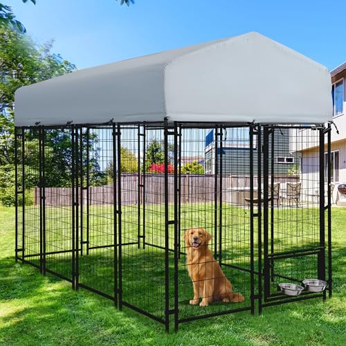 GIODIR 8x4x6 FT Outdoor Dog Kennels for Large Dogs, Heavy Duty Welded Wire Steel Outside Dog Kennel with Roof, Dog Pens with 2 Rotating Dog Bowls, Dog Playpen Fence with Secure Lock for Backyard