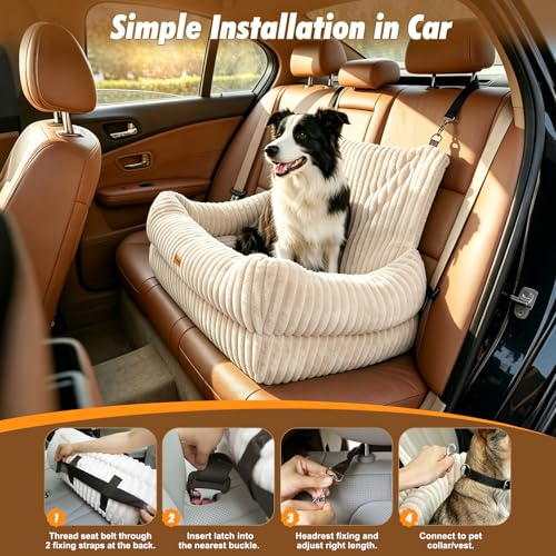 Pawaboo Dog Car Seat, Dog Booster Car Seats with Memory Foam, Thickened Cushion & Washable Removable Cover, Pet Travel Carseat Bed with Safety Leashes for Medium/Large Dogs or 2 Small Dogs, Beige