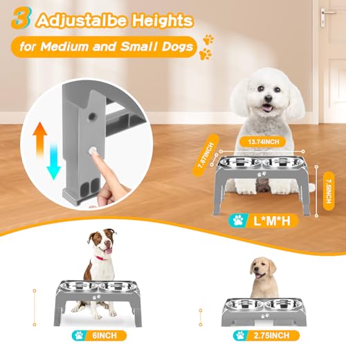 COMESOON Elevated Dog Bowls for Small Medium Dogs, 3 Height Adjustable Raised Stand with 2 Thick 6" Stainless Steel Food Bowls, Non-Slip Feeder Adjusts to 2.75", 6", 7.5", Grey