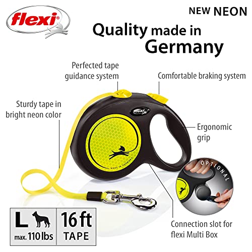 FLEXI New Neon Tape Retractable Dog Leashes for Large Dogs Upto 110 lbs. – 16 ft., Neon Yellow/Black | Tangle Free Pet Walking Leash with One-Handed Brake, Pause, Lock|German Quality Product