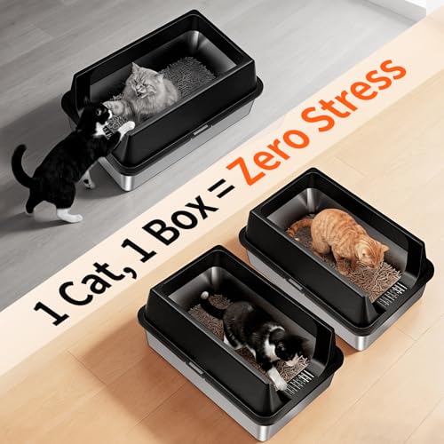 TEVILA 2 Pack XL Stainless Steel Litter Box with High Sides Shield for Multi Cat, Extra Large Tall Wall Open Top Deep Metal Pan for Big Cats, Anti-Leak Non-Stick Odor Control, 2 Scoops Included, Black