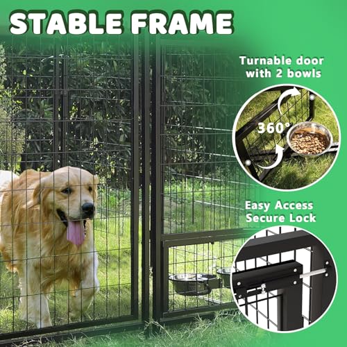 LEMBERI Heavy Duty Large Outdoor Dog Kennel 8x4x6 FT, Escape-Proof Dog Run with Double-Latch Gate, Heat Dissipation Sunshade Cover & 2 Stainless Steel Bowls, Galvanized Steel Dog Cage Enclosure