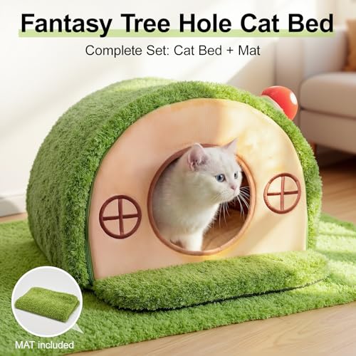 Mellownido Cat House for Indoor Cats - Cute Cat Bed Cave, Tree Hole Cat Bed Tent for Kittens and Small Medium Pets with Removable Washable Cushion & Anti-Slip Bottom, Enclosed Kitten Bed Hideaway