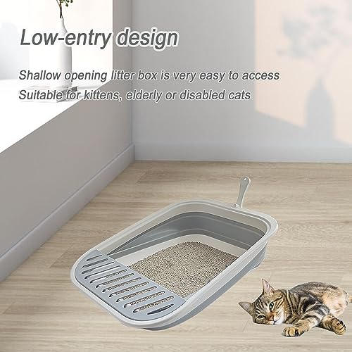 chuyouan Collapsible Kitten Litter Box, 17.7 x 13.4 x 5 inch Open Cat Potty Pan with Scoop Foldable Shallow Cat Toilet Anti-Splashing Low Entrance Travel Litter Box with Falling Sand Pedal Grey
