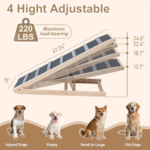 Dog Ramp for Bed, for Couch, 47.24" Long Wooden Pet Ramp for Small & Large Dogs to Get on Bed Couch Car Up to 200LBS, 4 Adjustable Heights (13.7"-24.6"), Foldable Dog Bed Ramp with Anti-Slip Surface