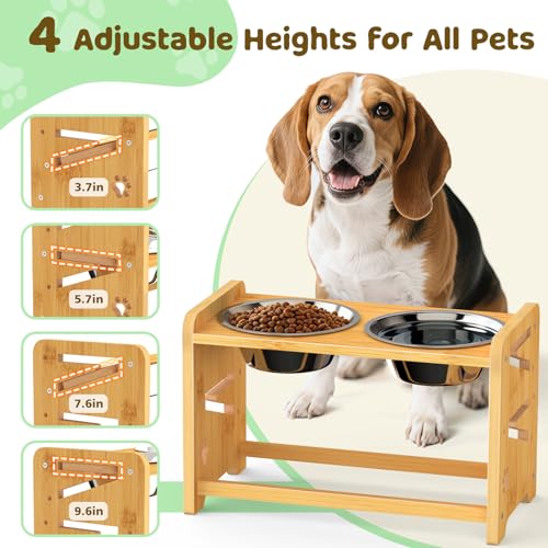 CozyLazy Elevated Dog Bowls, Adjustable Raised Dog Bowl Stand for Medium and Small Dog, 11" High Bamboo Pet Food Feeder with 2 Stainless Steel Dishes（4 Heights）