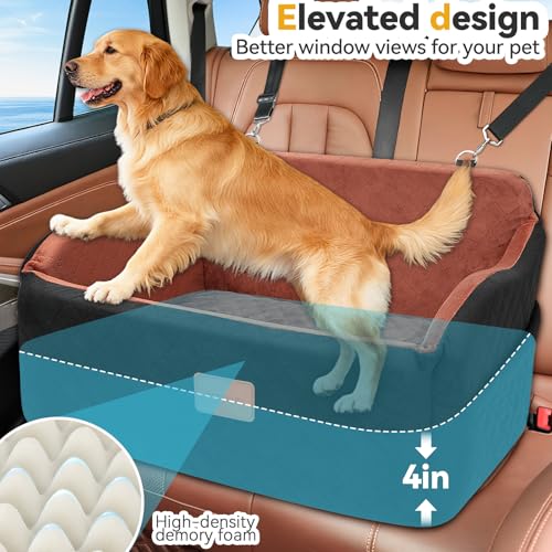 INDYBUD Dog Car Seat for Medium/Large Dogs, Memory Foam Pet Booster Seat for Under 55 lbs or 2 Small Dogs, Detachable Dog Car Bed for Backseat with 2 Safety Leashes and Pockets(Black/Brown, Large)