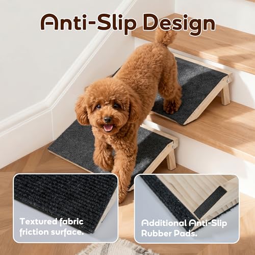 2 Pack Non-Slip Wooden Pet Ramp for Small Dogs, Gentle Slope Stair Ramp for Puppies, Senior Pets & Cats, Easy to Use Indoor Pet Access Ramp