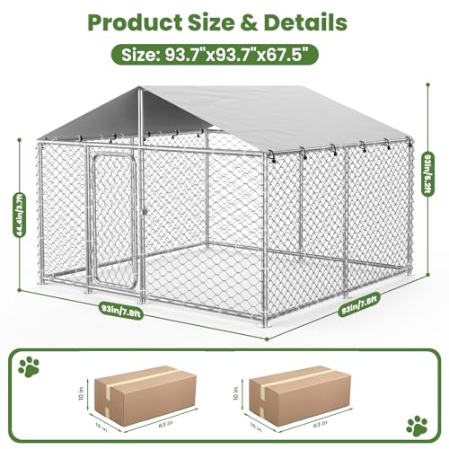 barlb 7.8' x 7.8' Heavy-Duty Outdoor Dog Kennel with Waterproof Cover, UV-Resistant Roof, Secure Locking Mechanism for Large Dogs, Metal Enclosure for All Weather Conditions(90x90x63IN)