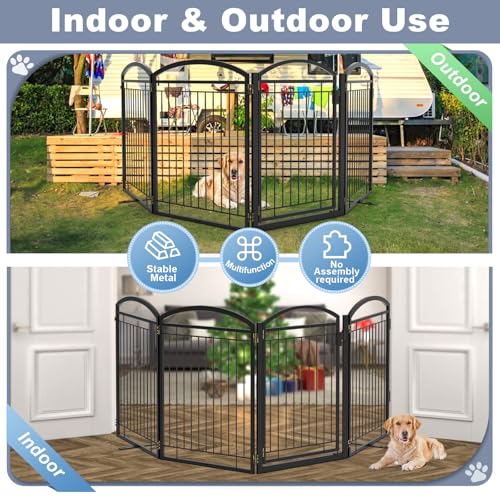 Full Metal Free Standing Dog Gate with Door for Outdoor Indoor,96'' Extra Wide 36'' Tall Dog Gates for Doorways,Large Openings,Decks,Porch,Freestanding Portable Pet Fence(4 Panels,Black)