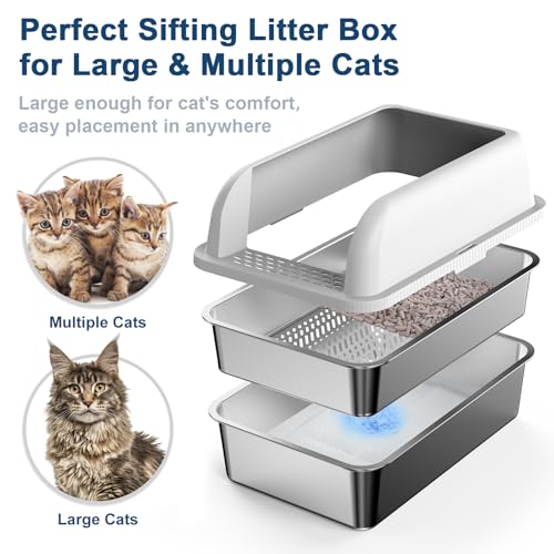 23.6''x16''x12'' Enclosed Stainless Steel Litter Box with Lid, XL Sifting Litter Box for Pine Pellets, High Sides Metal Litter Box System for Big Cats, Anti-Leakage, Easy Cleaning, Less Tracking