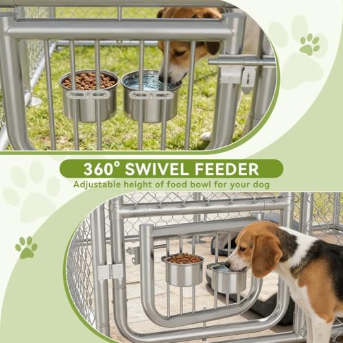 COMHOMA 10×10FT Outdoor Dog Kennel with Adjustable Bowls Feeder Heavy Duty Extra-Large Dog Enclosure with Roof & Lock All Weather Resistant for Medium Large Dogs