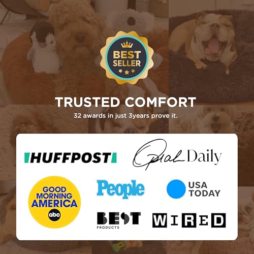 Bedsure Calming Dog Bed for Small Dogs - Donut Washable Small Puppy Bed, 23 inches Anti-Slip Round Fluffy Plush Faux Fur Large Cat Bed, Fits up to 25 lbs Pets, Camel