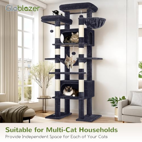 Globlazer XXL Giant Cat Tree, 83 Inch Heavy Duty Tall Cat Tower for Indoor Cats Large Adult, Multi-Level Large Cat Condo with 8 Scratching Posts, Hammock, 2 Cat Caves, 2 Platform, F83B, Dark Grey