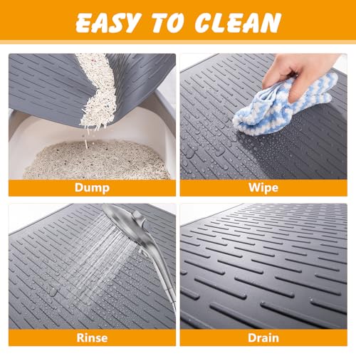 Silicone Cat Litter Mat, 28x20 in Waterproof Litter Box Mat Cats Feeding Mats with Raised Edges, Quick Clean Desig (Grey)