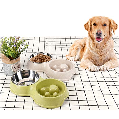 Tineer Double Pet Dog Slow Feeder Bowl,Stainless Steel Anti-Choke Puppy Food and Water Feeder for Dog Cats (White)