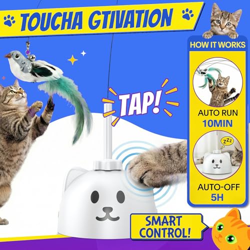 CATPICK Interactive Cat Toys for Indoor Cats - Automatic Flying Bird Feather Toy, Rechargeable Electric Cat Wand with Sticky Suction Base, Smart Motion Activated Self-Play Enrichment Toy for Bored Cat