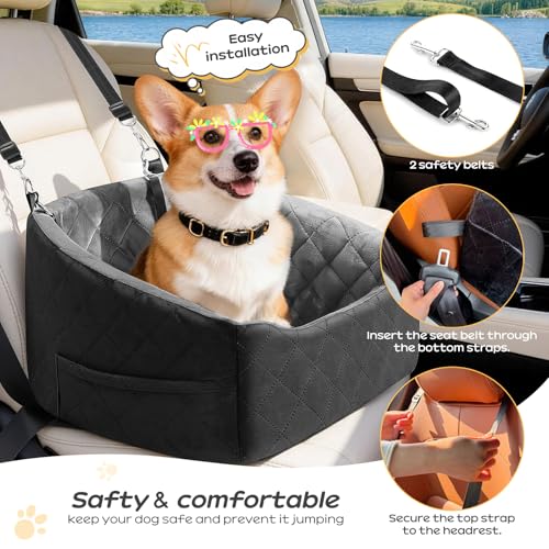 KANGREST Dog Car Seat for Small Dogs Up to 30 Lbs, Pet Travel Safety Bed for Puppy Cat, Fits in Front/Back Seat, Anti Slip Base, Fully Detachable Washable with 2 Safety Tether(Grey-Black)