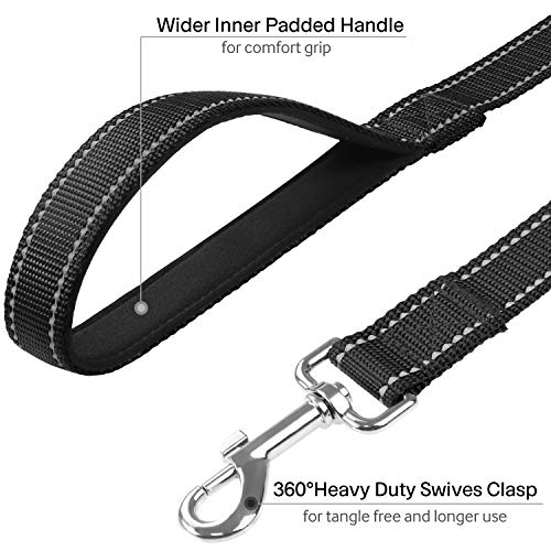 FunTags 6FT Black Reflective Dog Leash for Large & Medium Dogs Walking, Soft Padded Handle Comfortable Grip, Heavy Duty Nylon, Reflective for Night Walking, 1in Wide