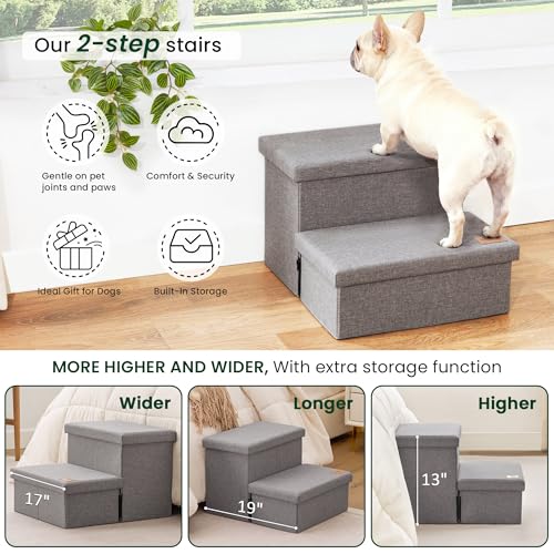 Love's cabin Dog Stairs with Storage 13" H, Foldable Pet Stairs for Small Medium or Large Dogs, Cat Puppy Steps Ramp with Zip up to 150 lbs, Solid Grey, 2 Steps