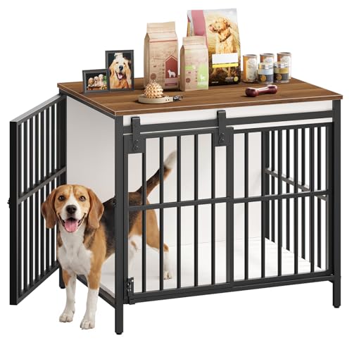 HOOBRO Dog Crate Furniture with Sliding Barn Door, Dog Kennel Indoor for Small/Medium Dogs, Heavy Duty Dog Cage with 2 Doors, End Table for Living Room, Bedroom, Rustic Brown and Black BWH73GW03