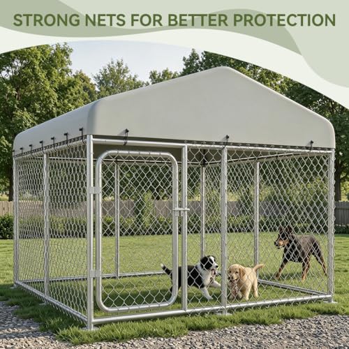COMHOMA Dog Kennel Outdoor with Roof,Large Metal Dog Enclosure with Weather-Resistant Cover,Lockable Gate for Medium Large Dogs (Silver, 7.5x7.5FT (90in))