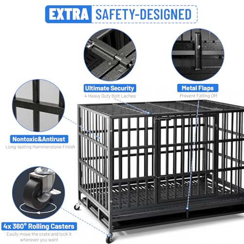 NUGRIART 48 Inch Heavy Duty Indestructible Dog Crate, XL Steel Escape-Proof Kennel for Large Dogs, Double Door Design with 4 Locking Wheels & Reinforced Baseplate, Ideal for High-Anxiety Dogs
