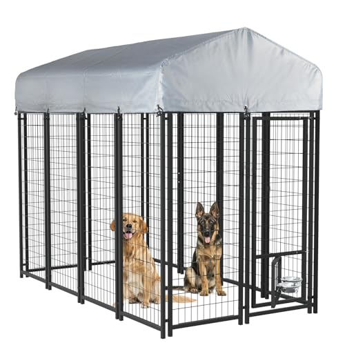 LEMBERI Heavy Duty Large Outdoor Dog Kennel 8x4x6 FT, Escape-Proof Dog Run with Double-Latch Gate, Heat Dissipation Sunshade Cover & 2 Stainless Steel Bowls, Galvanized Steel Dog Cage Enclosure